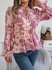 Women's Blouse - Printed Tie Neck Flounce Sleeve Blouse