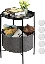 Round Side Table, 17.52" Black Nightstand Coffee End Table with Cotton Linen Pocket for Living Room, Bedroom, Small Space Round Decorative Table, Easy to Assemble 20.67" High