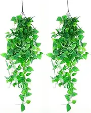 Lenamos Fake Hanging Plants, 2pcs Artificial Hanging Plant, Faux Pothos Vines Hanging Plant Greenery for Wall Home Living Room Indoor Outdoor Decor (No Baskets)