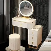 LED Lighted Makeup Vanity Desk Set with Mirror and Stool Modern Dressing Table with 4 Drawer Chest for Small Space Organization