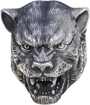 [TYMONT] S999 Sterling Silver Men's Domineering Tiger Head Ring, Gothic Retro Open Animal Tiger King Ring