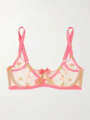 [Agent Provocateur] Agent Provocateur - Willowe Bow-detail Embroidered Satin-trimmed Tulle Underwired Bra - Pink - 32C 32 C Pink