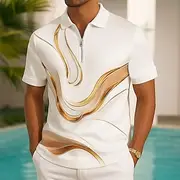 Men's Geometic Line Zip Polo Shirts Short Sleeve Polo Shirts Collared Shirts Business Casual Athleisure Wear to work Daily Wear 3D Print Summer Gold