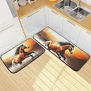 Kitchen Mats for Floor, 2 Piece, Horse Run Retro Funny Cute Washable Non-Slip Kitchen Rugs Set for Home & Office, Sink, Laundry, 19.7” x 27.6” + 19.7” + 47.2”