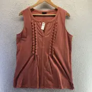 NEW Talbots Blouse Womens Large Brown Peasant TunicCottagecore Pullover V Neck