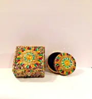 Mardi Gras "Burst" Themed 2 Pc Square/Round Trinket/ Jewelry Box Set