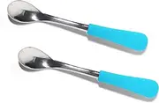 Avanchy Infant Stainless Steel Baby, Toddler, Kid, Child Spoons 2 Pack. 18/8, BPA Free, BPS Free, Lead Free and Phthalate Free. (Younger Baby) (Blue)