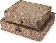 GUDAJIN Set of 2 Wicker Storage Boxes, Hand-Woven Seagrass Basket with Lid, Multi-Function Household Practical Storage Boxes, Woven Shelf Organizer Boxes for Home and Office Supplies (Brown)