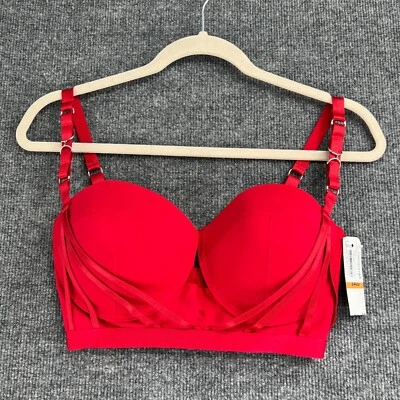 Felina Jezebel Lili Push Up Bra Womens 34DD Tango Red Ribbon Trim Underwire New