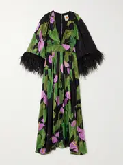 [Farm Rio] Farm Rio - Feather-trimmed Floral-print Crepe Maxi Dress - Black - xx small xx small Black