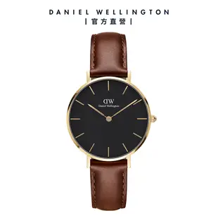 Daniel Wellington DW 手錶 Petite St Mawes 32mm棕色真皮皮革錶-黑錶盤-香檳金框 DW00100548