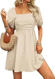 [Generic] Women's Square Neck Puff Short Sleeve Dresses Solid A Line Midi Dress with Pockets Summer Cute Mini Dress