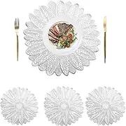 4 Pack Round Pressed Vinyl Placemats, 38cm Decorative Table Placemats, Non-Slip Washable Wedding Accent Centerpiece Metallic Placemat for Dining Table Kitchen Decor (Silver)