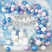 Frozen Balloon Arch Kit, 139Pcs Light Blue Purple White Balloon Garland with Silver Confetti Balloon Happy Birthday Banner Birthday Party Decorations for Princess