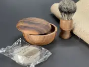 Men Oak Wood Soap Mug Bowl Badger Beard Shaving Brush Shave Barber Gift 3PC Set