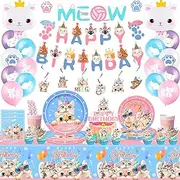 Cat Birthday Party Supplies - 116pcs Decorations and Tableware Set With Balloons, Banner, Plates, Cups, Napkins, Tablecloth for Cat Themed Celebration