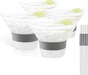 Martini Glasses, Plastic Reusable Insulated Freeze Martini Cups, Gel Chiller, Double Wall Stemless Martini Glasses Set of 4, Grey, 9 Oz Capacity, Martini Gifts, 4 Reusable Cocktail Straws