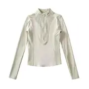 Long-Sleeve Mock Neck Plain Half Zip Panel Top Almond - S