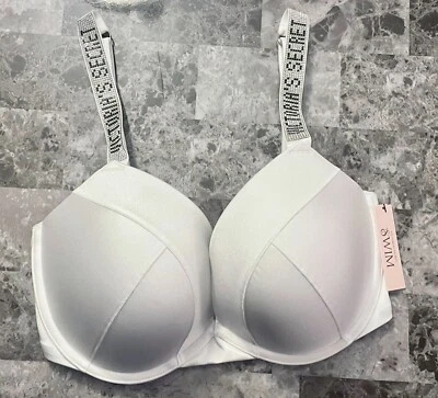 NWT VICTORIA'S SECRET 34DDD WHITE SILVER SHINE STRAP SEXY TEE PUSH UP BIKINI TOP