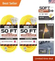 3 Outlet Lighted Outdoor Extension Cord 50 ft 2 Pack - 12 Gauge 15 Amp Heavy ...