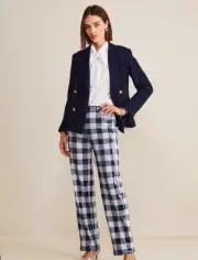Vineyard Vines Sequin Gingham Navy Rouser Pants High Waisted Straight Leg 8 NEW
