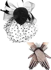 [SATINIOR] 1950s Vintage Fascinator Hat Faux Feather Mesh Net Hat Cocktail Tea Party Headwear and Women Short Lace Gloves