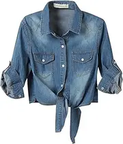 [SeekMe] Womens Denim Shirts Tie Front Crop Top Button Down Chambray Jean Shirts