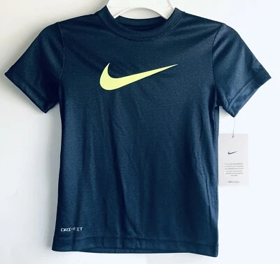 Boys Nike Dri Fit Navy Blue Heather Neon Swoosh Shirt Kids 4 Short Sleeve Tee