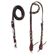 western Leather Equestrian Tooled Beaded Headstall,Breast Collar & Reins. (H076)