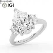 Pear Solitaire Labgrown Diamond Trilogy Ring Platinum 3.70 Ct D VVS2