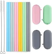 Sunseeke Silicone Straws Reusable - Odorless, 12 Standard Drinking Straws, 4 Carry Pouch, 2 Cleaning Brushes, Certificated Food Grade Platinum Silicone - 8 1/2" Long