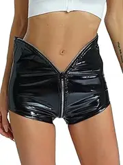 [Choomomo] Women's Shiny Wet Look Booty Shorts Latex V-Shape High Waisted Zipper Opening Crotch Cheeky Hot Pants
