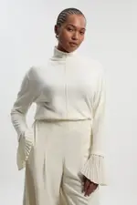 Plus Size Wool And Alpaca Blend Knit Top With Pleated Silk Woven Cuffs