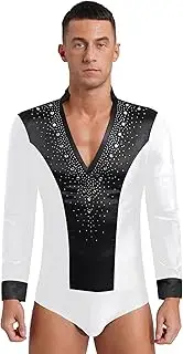 Hedmy Men's Ballroom Latin Dance Shirt Long Sleeve V Neck Rhinestones Cha-cha Rumba Samba Jazz Dance Costume