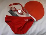 BNIP Boys Sz 10 Red Swim Pants Trunks Bathers Swim Cap & Goggles Pack