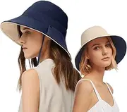 [OZ SMART SUN PROTECTION] Reversible Bucket Hat for Women, Silky Sun Hats for Summer/Spring, Wide Brim UPF 50 UV Protection Boonie with Chin Strap for Camping Fishing, Hiking, Sun Beach (Navy/Beige)