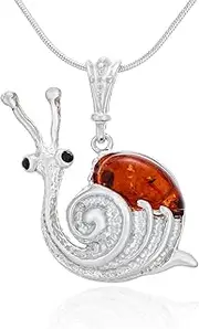 [AMBEDORA] Women's Snail Necklace with Amber, Sterling Silver Polished, Baltic Amber in Cognac Colour, Silver Pendant with Chain, Sterling Silver, Amber