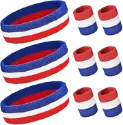 PAMASE Striped Sweatbands Set, Including Sports Headbands and Wristbands Cotton Sweat Band American Flag Style for Tennis Athletic Men Women