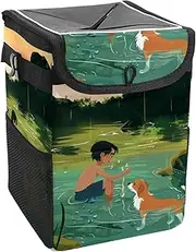 Car Trash Can with Lid and Storage Pockets Leak-Proof Organizer,Waterproof Garbage Can,Landscape Animal Dog
