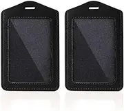 Larpur Pack of 2 Genuine Leather Badge Holders with 1 Clear ID Window, Vertical ID Card Holders for Work, School, Exhibition, Black