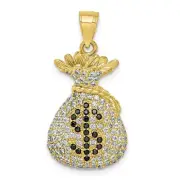 Real 10kt Yellow Gold Black and Clear CZ Micro Pave Money Bag Pendant