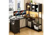 Advwin L Shaped Gaming Desk with LED Lights Reversible 148cm Computer Desk with 3 Drawers and Bookshelf Black