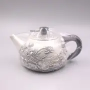 Solid S999 Fine Silver Teapot Healthy Family Harmony Lotus Water Tea Pot 5.1in L