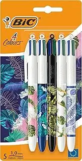 BIC 4 Colours Pens All In One, Multi Coloured Pens All In One, Retractable Ballpoint Pens, Medium 1.0mm, Green, Blue, Red, Black, 5 Pens Per Pack, 1 Pack