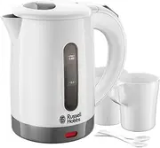 Russell Hobbs Electric 0.85L Travel Kettle, Small & Compact, Dual voltage, Ideal for abroad/caravan/camping, inc 2 cups & spoons, Removable washable anti-scale filter, water windows, 1000W, 23840