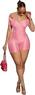 [Fastkoala] Sexy 2 Piece Outfits Off Shoulder Deep V Neck Tops Short Sleeve Bodycon Shorts Pant Sets Sparkly Jumpsuit Clubwear