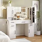 Maupvit Makeup Vanity with Lighted Mirror & Power Strip, Large Vanity Desk with Sliding Jewelry Storage Shelves, 4 Drawers, 3 Cabinets & Hairdryer Rack, 3 Lighting Modes, Bedroom Dressing Table, White