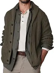 [SWJGLITTR] Mens Long Sleeve Button Cardigans Shawl Collar Buttons Down Cardigan Knit Soft Touch Sweater Men Jacket, Green, X-Large