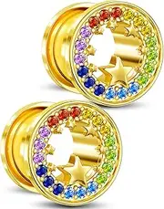 [Jewseen] Surgical Steel Ear Gauges Plugs Rainbow Cubic Zircon Ear Tunnels Star Gauges for Ears Gold Ear Plugs for Women 2g-5/8’’