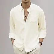 Men's Cotton Linen Shirt Plain Vacation Black Yellow Green Light Sky Blue Long Sleeve Lapel Spring Summer Clothing Apparel Pocket